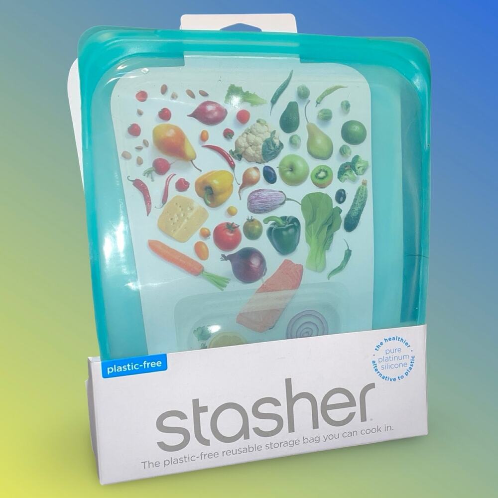 Stasher Half Gallon Reusable Silicone Food Storage Bag Clear Aqua Blue Eco NEW